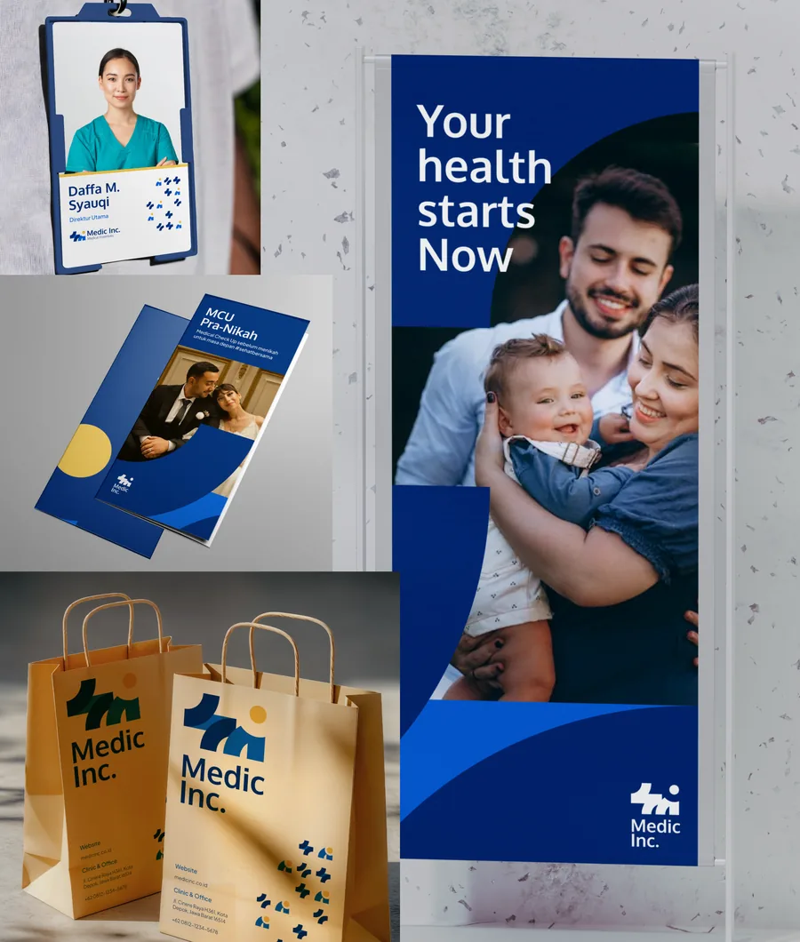Medic Inc. branding — signage, brochures and packaging in blue